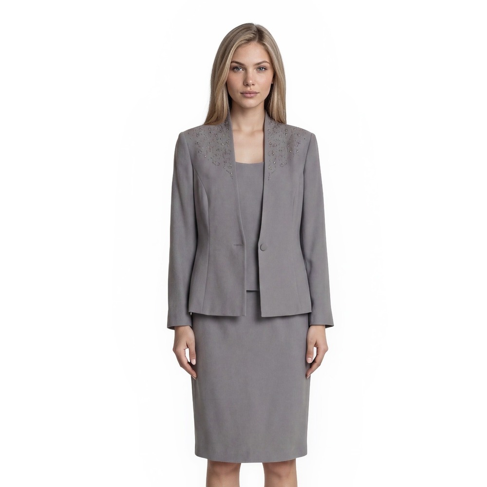NEW Karen Miller Skirt Suit Women's Size 16 Gray Beaded 3pc Blazer Camisole MOB